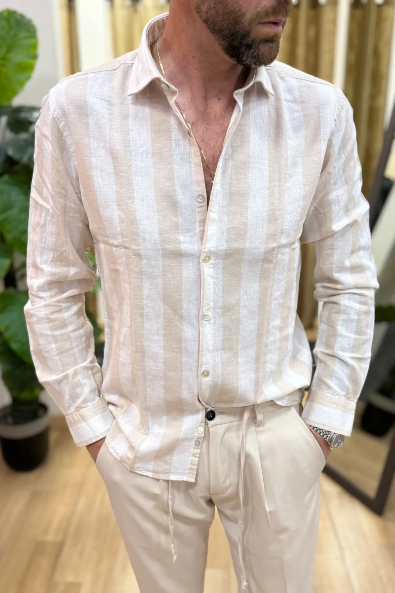 Camicia In Lino Rigata BLKS Beige - immagine 3