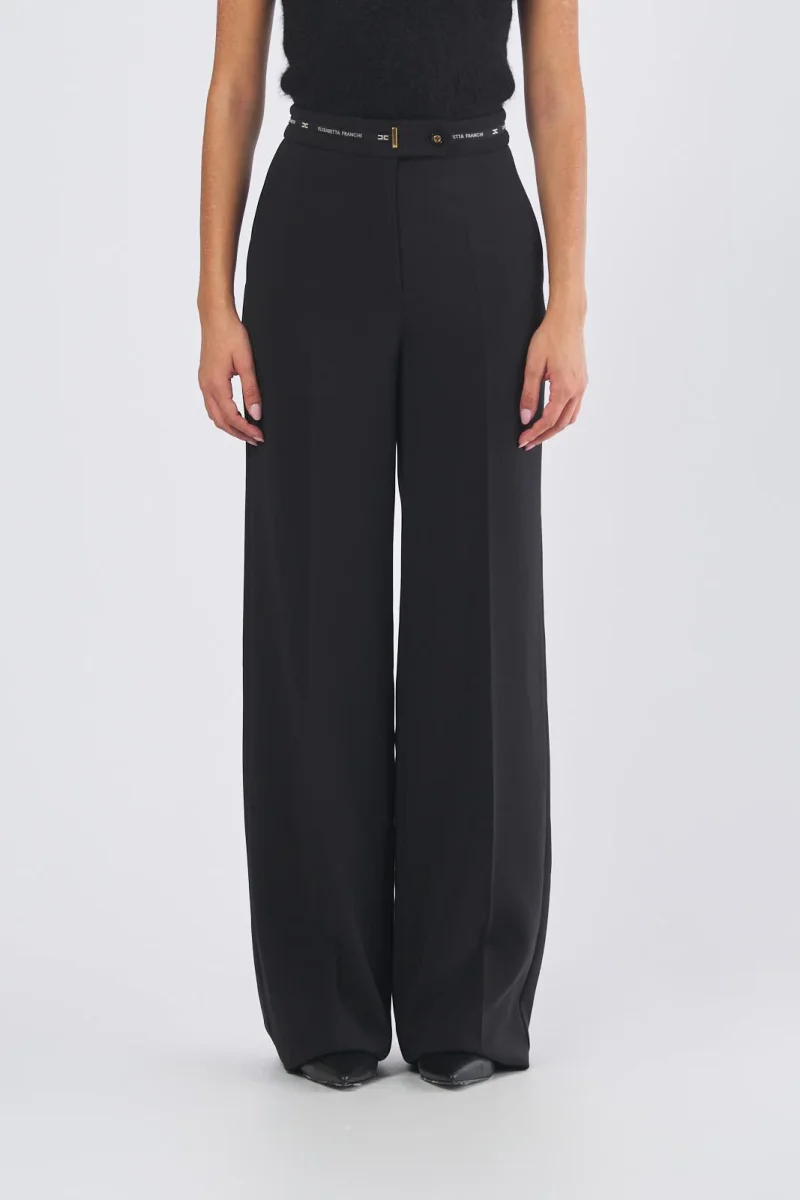 Pantalone Palazzo in Crêpe Leggero con Nastro Logo